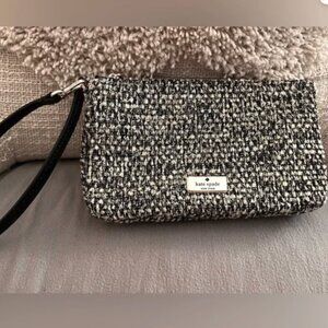 Kate Spade Tinsel Kiki Tweed Convertible Wristlet Wallet Clutch Black Gold Silve